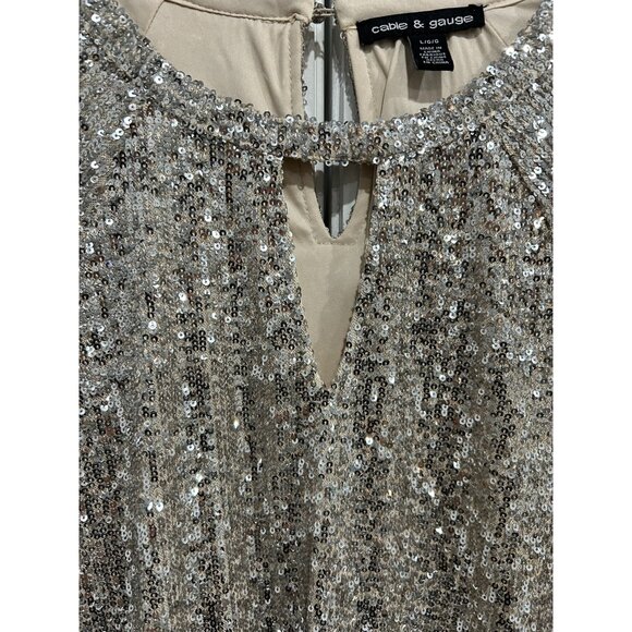 Cable & Gauge Large Long Open Sleeve Sequin Top Keyhole Back Sparkle Holiday - Picture 5 of 10